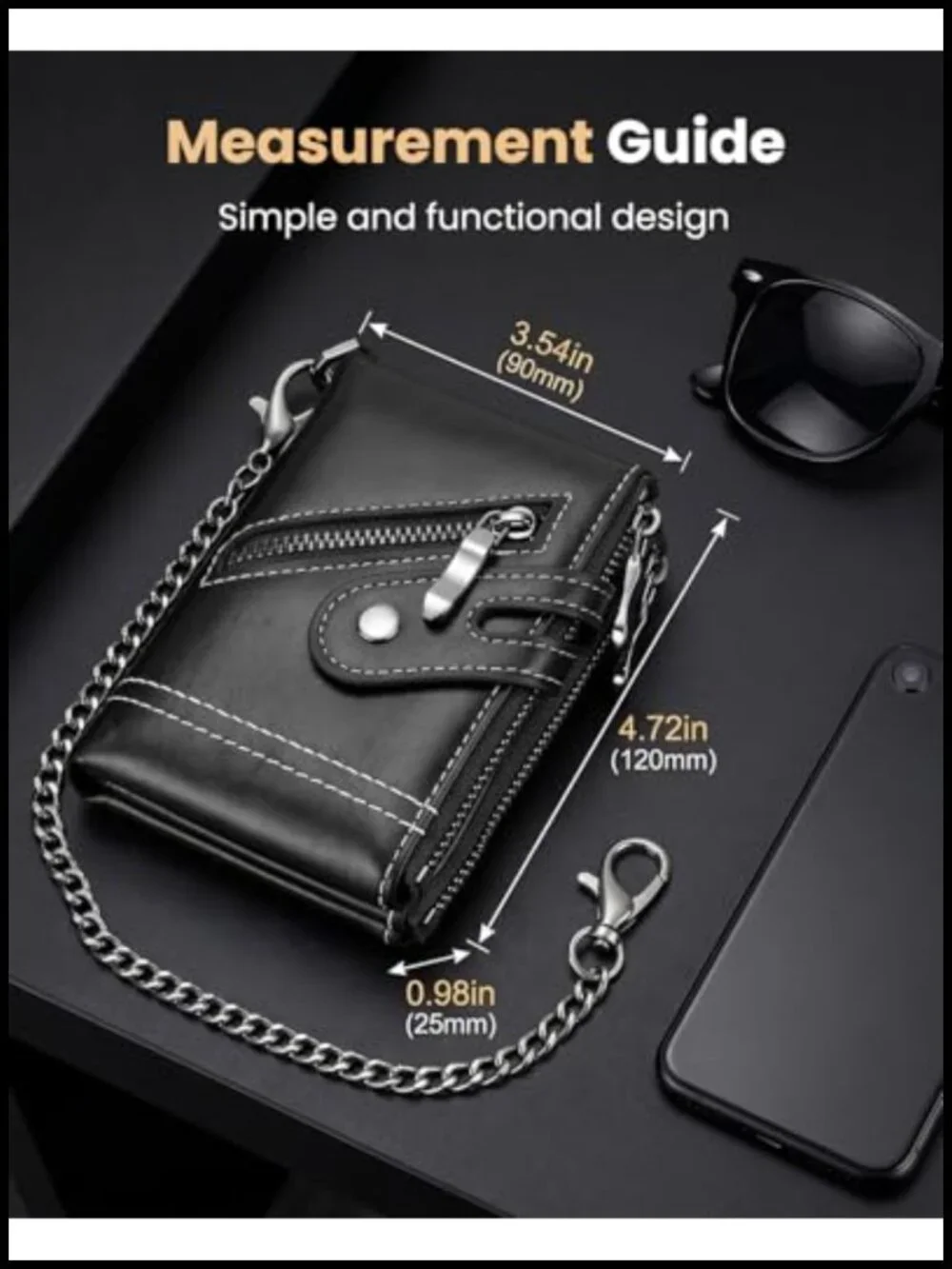 Men's RFID Zippered Short Wallet with Chain, 12 Card Holder, Faux Leather,